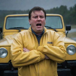 Generate an image of Denis Nedry expressing frustration and despair beside the out-of-gas Jeep, his face illuminated by the vehicle's hazard lights as rain rolls off his bright yellow jacket.