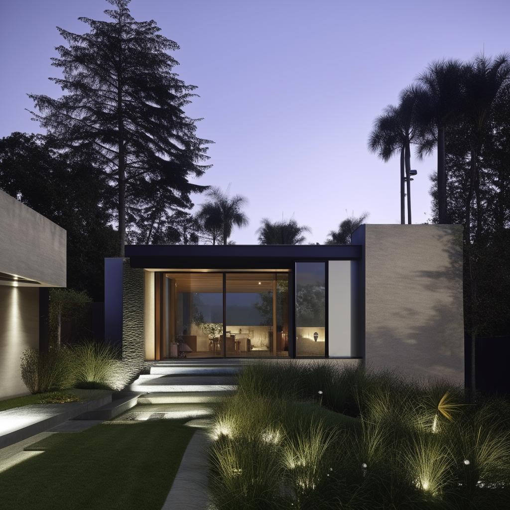 Exterior design of a modern styled house with sleek lines, glass walls, and minimalist landscapes.