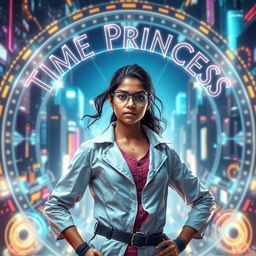 A futuristic Indian teenage girl scientist with the ability to control time, confidently posed in an advanced, stylish scientist outfit that reflects both modern and traditional elements