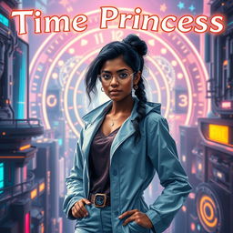 A futuristic Indian teenage girl scientist with the ability to control time, confidently posed in an advanced, stylish scientist outfit that reflects both modern and traditional elements