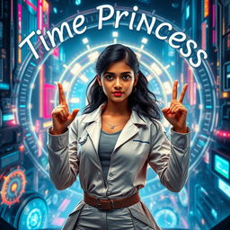 A futuristic Indian teenage girl scientist with the ability to control time, confidently posed in an advanced, stylish scientist outfit that reflects both modern and traditional elements