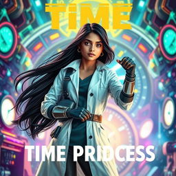 A futuristic Indian teen girl scientist with time control superpowers, wearing a stylish scientist dress code, stands confidently in a vibrant, otherworldly laboratory filled with advanced gadgets and glowing technology