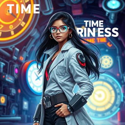 A futuristic Indian teen girl scientist with time control superpowers, wearing a stylish scientist dress code, stands confidently in a vibrant, otherworldly laboratory filled with advanced gadgets and glowing technology