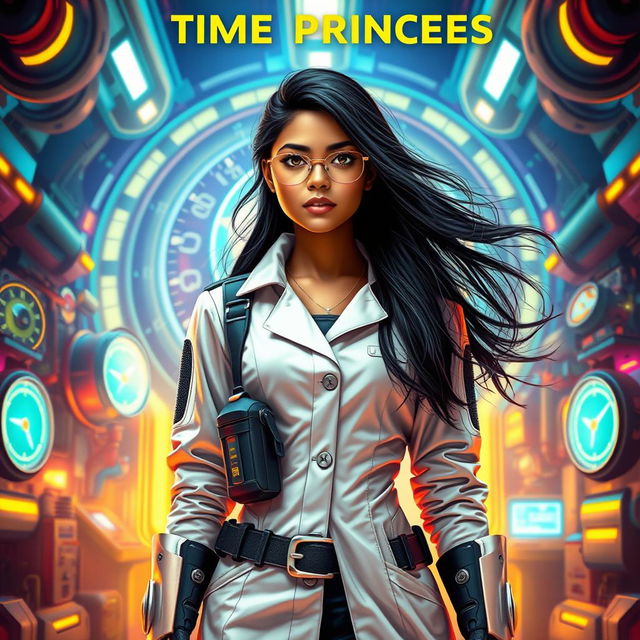 A futuristic Indian teen girl scientist with time control superpowers, wearing a stylish scientist dress code, stands confidently in a vibrant, otherworldly laboratory filled with advanced gadgets and glowing technology