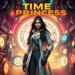 A futuristic Indian teen girl scientist with time control superpowers, wearing a stylish scientist dress code, stands confidently in a vibrant, otherworldly laboratory filled with advanced gadgets and glowing technology