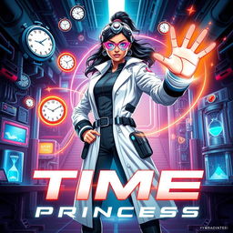 A futuristic Indian teen girl scientist with time control superpowers, dressed in a modern, stylish scientist outfit that combines elements of a lab coat and futuristic armor