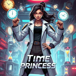 A futuristic Indian teen girl scientist with time control superpowers, dressed in a modern, stylish scientist outfit that combines elements of a lab coat and futuristic armor