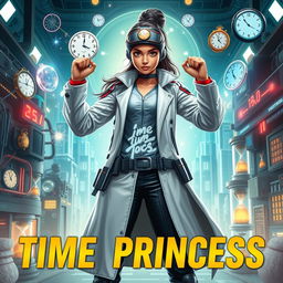 A futuristic Indian teen girl scientist with time control superpowers, dressed in a modern, stylish scientist outfit that combines elements of a lab coat and futuristic armor