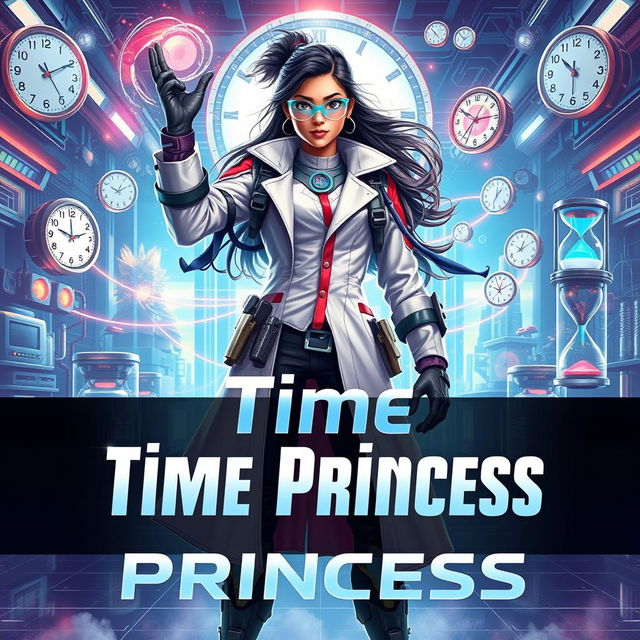 A futuristic Indian teen girl scientist with time control superpowers, dressed in a modern, stylish scientist outfit that combines elements of a lab coat and futuristic armor