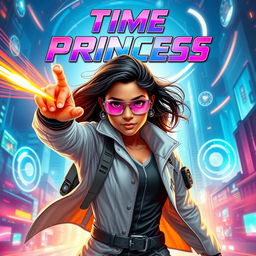 A futuristic Indian teen girl scientist with time control superpowers, depicted in a dynamic pose that showcases her abilities