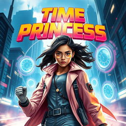 A futuristic Indian teen girl scientist with time control superpowers, depicted in a dynamic pose that showcases her abilities