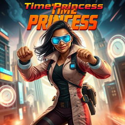 A futuristic Indian teen girl scientist with time control superpowers, depicted in a dynamic pose that showcases her abilities