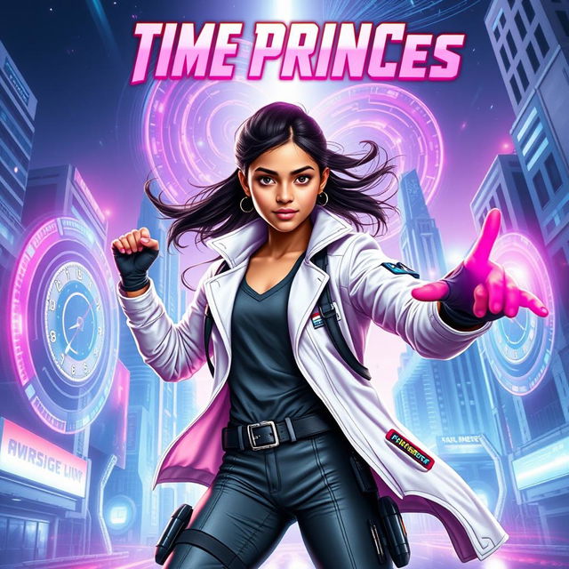 A futuristic Indian teen girl scientist with time control superpowers, depicted in a dynamic pose that showcases her abilities