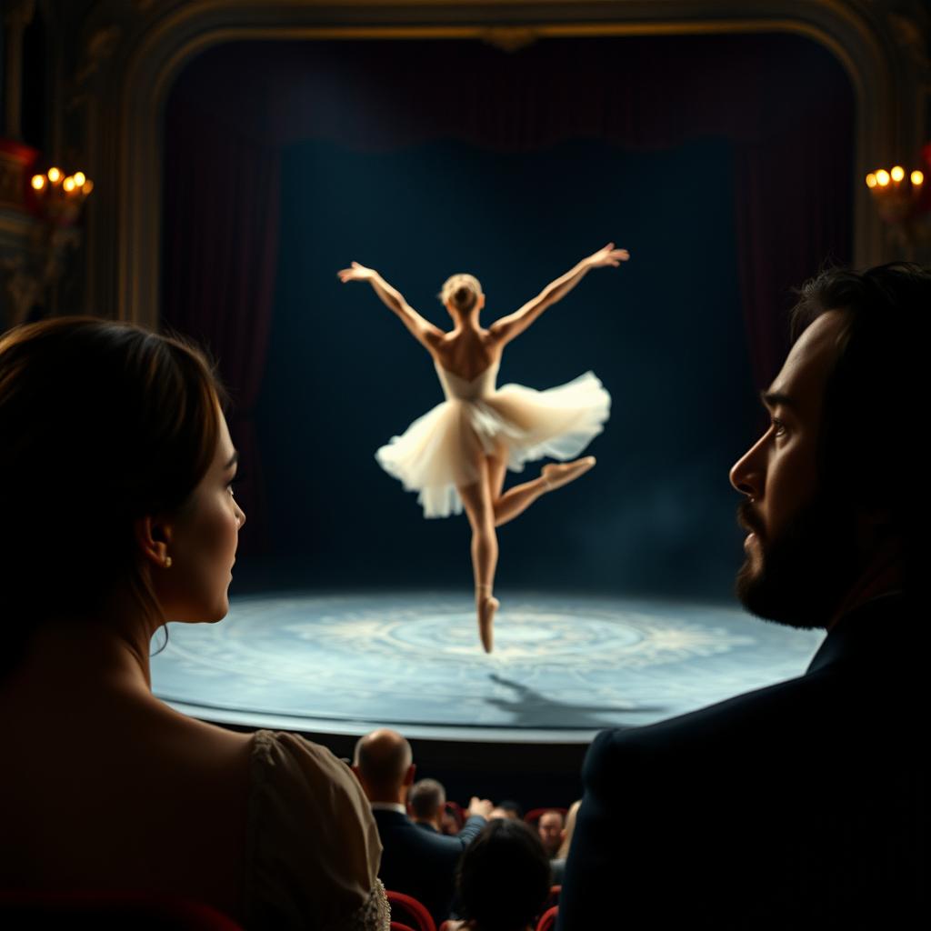 A dramatic and visually striking movie scene featuring a beautiful ballerina in an elegant, flowing ballet costume, gracefully leaping through the air with a backdrop of a grand theater