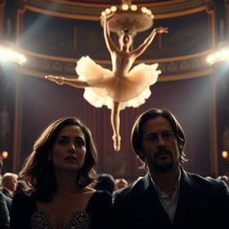 A dramatic and visually striking movie scene featuring a beautiful ballerina in an elegant, flowing ballet costume, gracefully leaping through the air with a backdrop of a grand theater