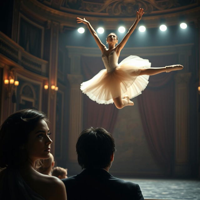 A dramatic and visually striking movie scene featuring a beautiful ballerina in an elegant, flowing ballet costume, gracefully leaping through the air with a backdrop of a grand theater