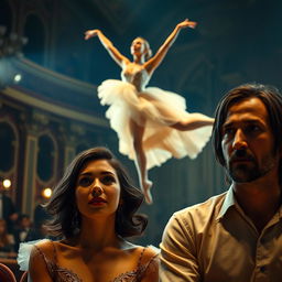 A dramatic and visually striking movie scene featuring a beautiful ballerina in an elegant, flowing ballet costume, gracefully leaping through the air with a backdrop of a grand theater