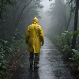 Depict Denis Nedry, in his bright yellow raincoat, attempting to navigate the jungle on foot. In the distance, the dimly lit docks of the harbor can be seen, his grim destination.