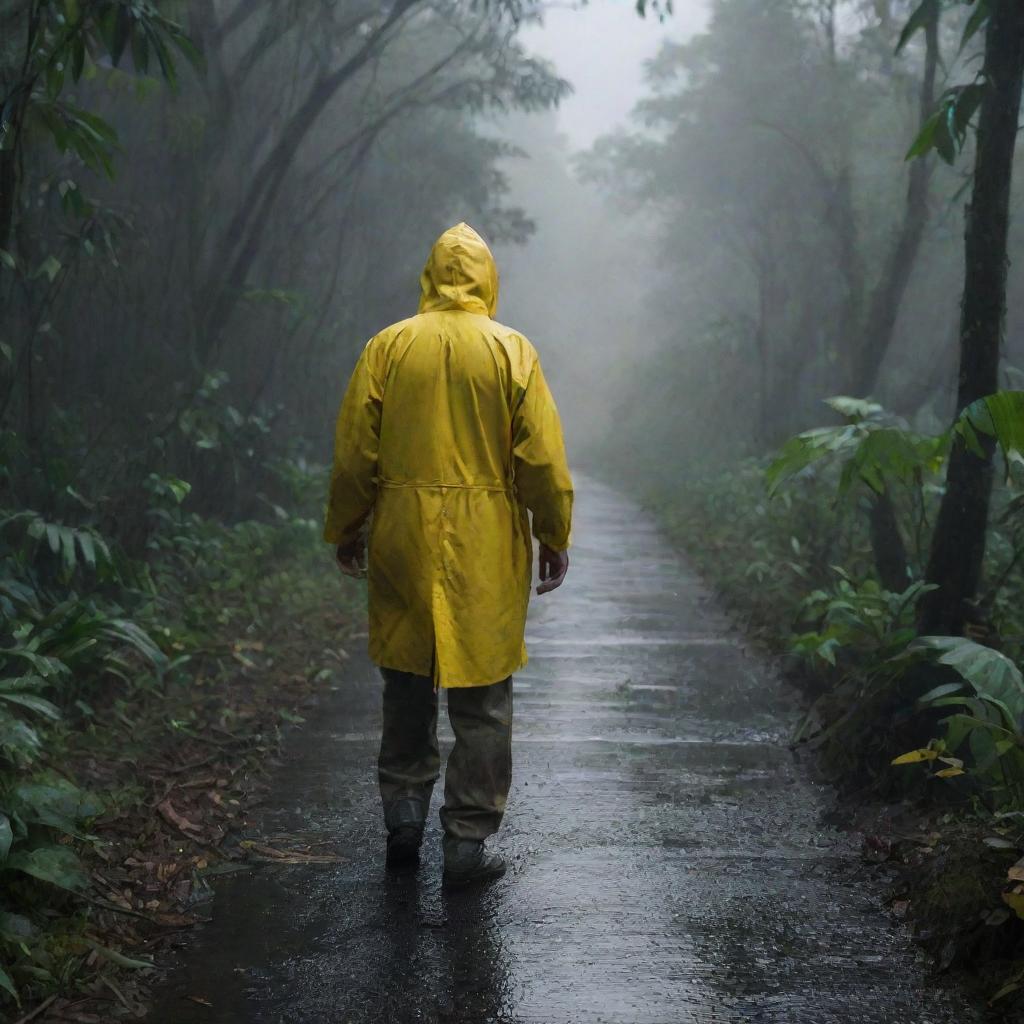 Depict Denis Nedry, in his bright yellow raincoat, attempting to navigate the jungle on foot. In the distance, the dimly lit docks of the harbor can be seen, his grim destination.
