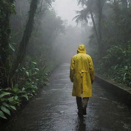 Depict Denis Nedry, in his bright yellow raincoat, attempting to navigate the jungle on foot. In the distance, the dimly lit docks of the harbor can be seen, his grim destination.