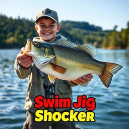 A vertical 1920x1080 thumbnail depicting a young angler standing at the water's edge, holding an impressive 5-pound bass with an expression of excitement on their face