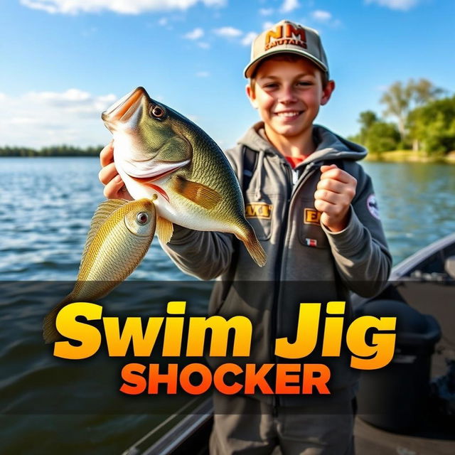 A vertical 1920x1080 thumbnail depicting a young angler standing at the water's edge, holding an impressive 5-pound bass with an expression of excitement on their face