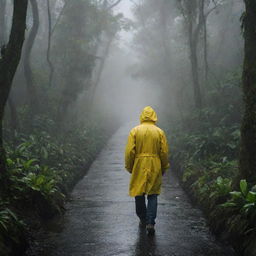 Depict Denis Nedry, in his bright yellow raincoat, attempting to navigate the jungle on foot. In the distance, the dimly lit docks of the harbor can be seen, his grim destination.