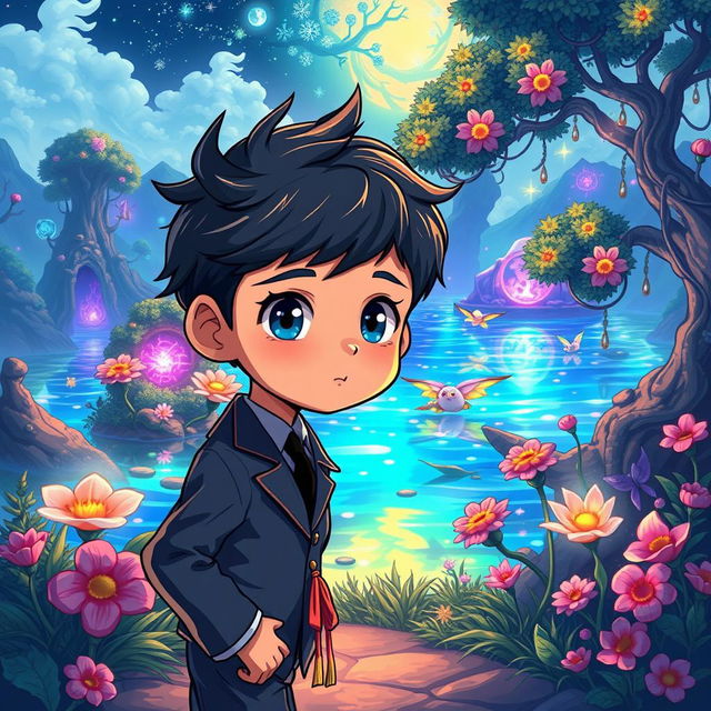 An anime-themed illustration featuring a small boy named Miguel with army-style hair, dressed in a sharp suit