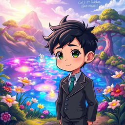 An anime-themed illustration featuring a small boy named Miguel with army-style hair, dressed in a sharp suit