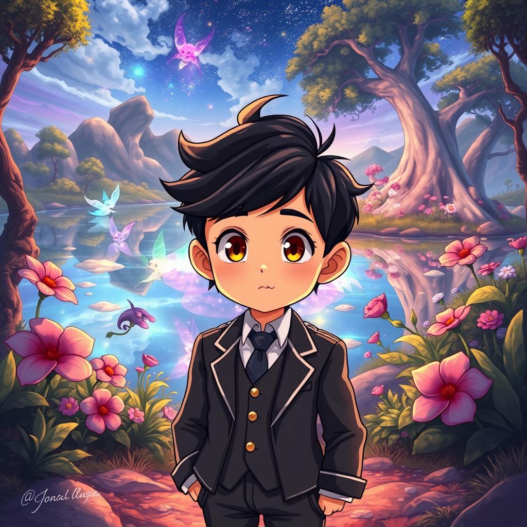 An anime-themed illustration featuring a small boy named Miguel with army-style hair, dressed in a sharp suit