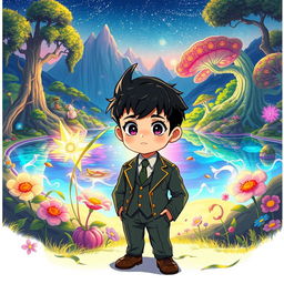 An anime-themed illustration featuring a small boy named Miguel with army-style hair, dressed in a sharp suit