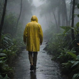 Depict Denis Nedry, in his bright yellow raincoat, attempting to navigate the jungle on foot. In the distance, the dimly lit docks of the harbor can be seen, his grim destination.