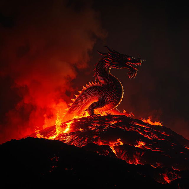 A magnificent Chinese dragon emerging from a burning hill, its fierce outline starkly visible against the night sky