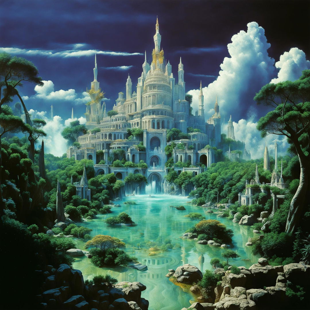 High-resolution photograph of Atlantis in its prime before the flood, styled after Matthias Haker's work. Hyper-realistic water surrounds the vibrant city with exaggerated scenes.