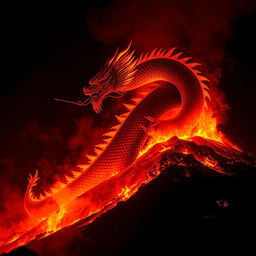 A magnificent Chinese dragon emerging from a burning hill, its fierce outline starkly visible against the night sky