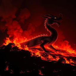 A magnificent Chinese dragon emerging from a burning hill, its fierce outline starkly visible against the night sky