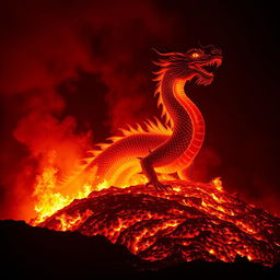 A magnificent Chinese dragon emerging from a burning hill, its fierce outline starkly visible against the night sky