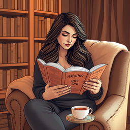 A slightly curvy woman with long hair, sitting in a cozy reading nook, deeply engrossed in a book titled 'A Mulher que Ora'