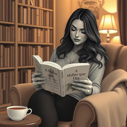 A slightly curvy woman with long hair, sitting in a cozy reading nook, deeply engrossed in a book titled 'A Mulher que Ora'