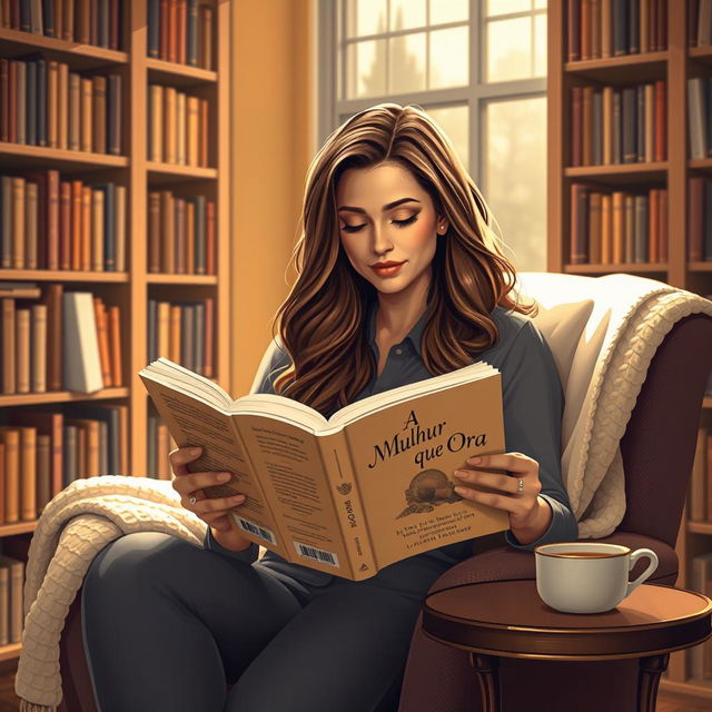 A slightly curvy woman with long hair, sitting in a cozy reading nook, deeply engrossed in a book titled 'A Mulher que Ora'