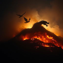 A mysterious Chinese dragon emerging from a fiery hill at night, shrouded in shadows and partially concealed by smoke and flames