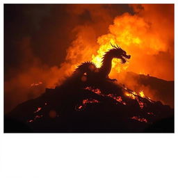 A mysterious Chinese dragon emerging from a fiery hill at night, shrouded in shadows and partially concealed by smoke and flames