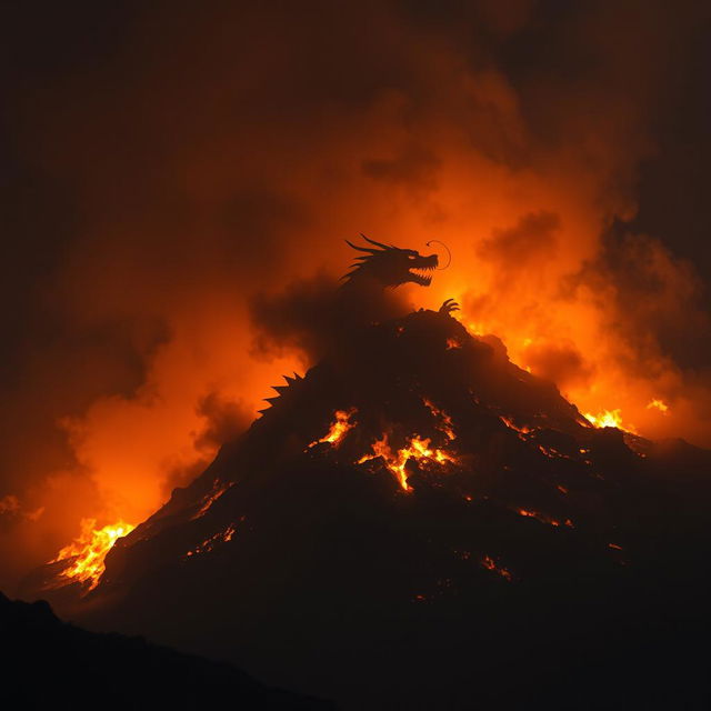 A mysterious Chinese dragon emerging from a fiery hill at night, shrouded in shadows and partially concealed by smoke and flames