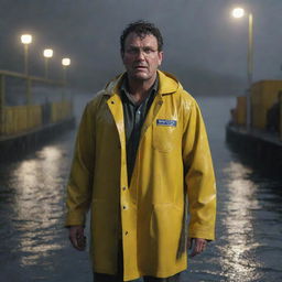 Render an image of a weary and drenched Denis Nedry finally reaching the docks at Isla Nublar, the weak harbor lights reflecting off the wet pier and his bright yellow raincoat