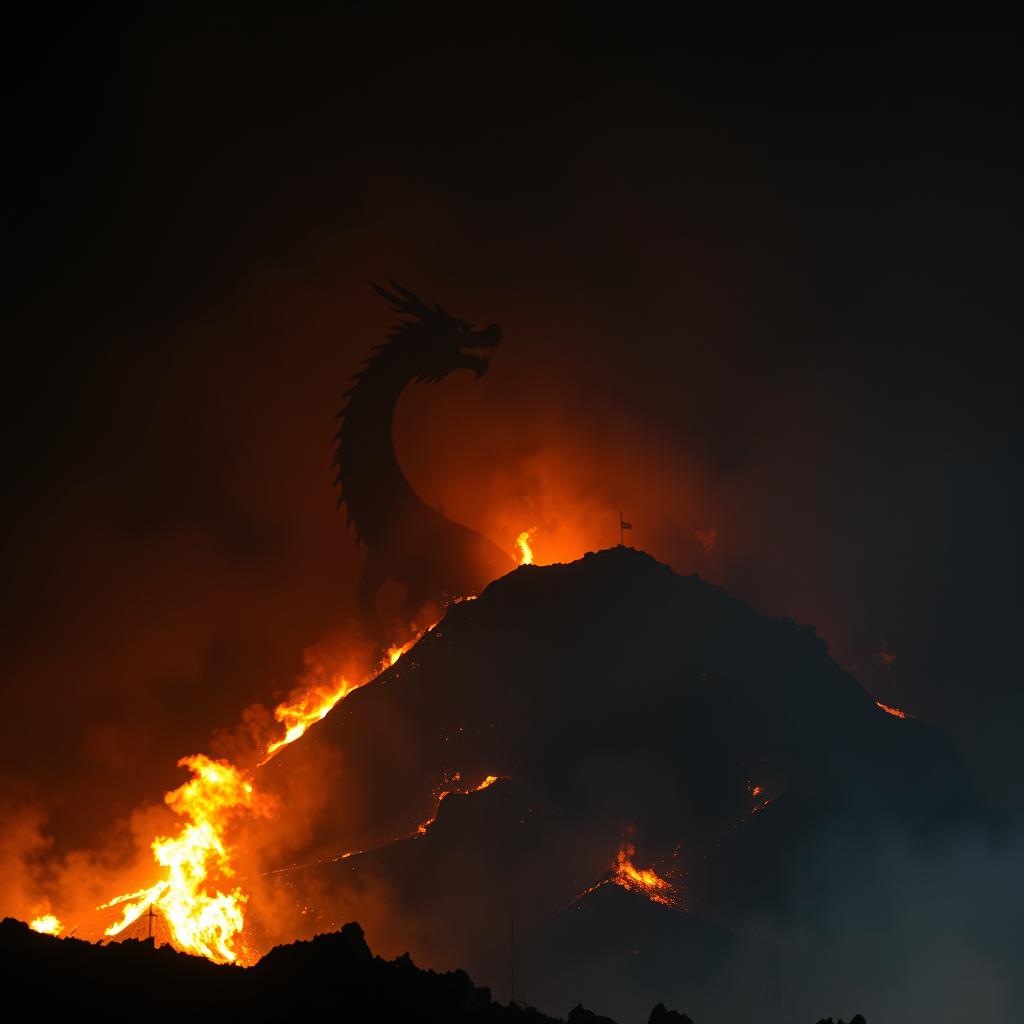 A mysterious Chinese dragon emerging from a fiery hill at night, shrouded in shadows and partially concealed by smoke and flames