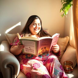 A slightly chubby woman with long hair, sitting comfortably in a cozy reading nook, immersed in a book titled 'A Mulher que Ora'