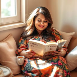 A slightly chubby woman with long hair, sitting comfortably in a cozy reading nook, immersed in a book titled 'A Mulher que Ora'