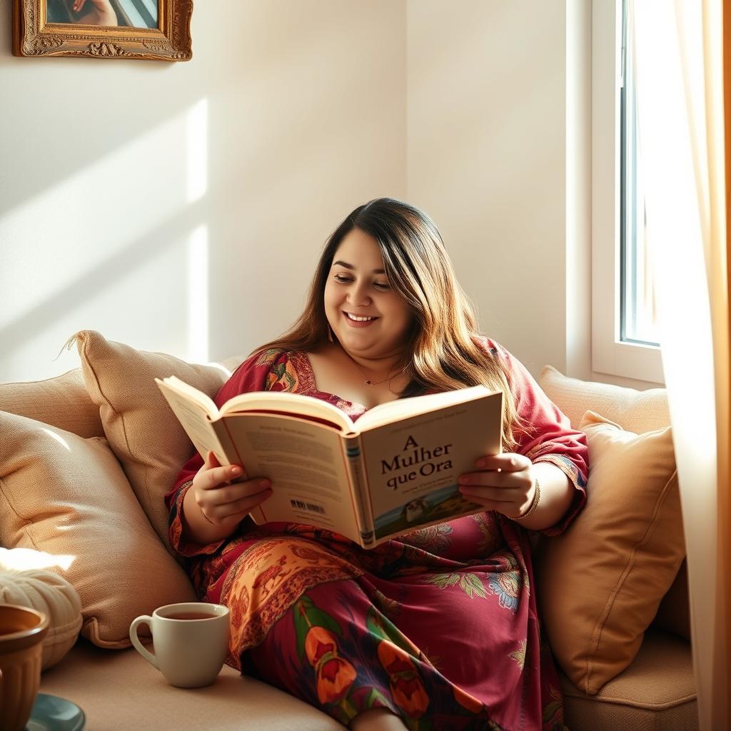 A slightly chubby woman with long hair, sitting comfortably in a cozy reading nook, immersed in a book titled 'A Mulher que Ora'