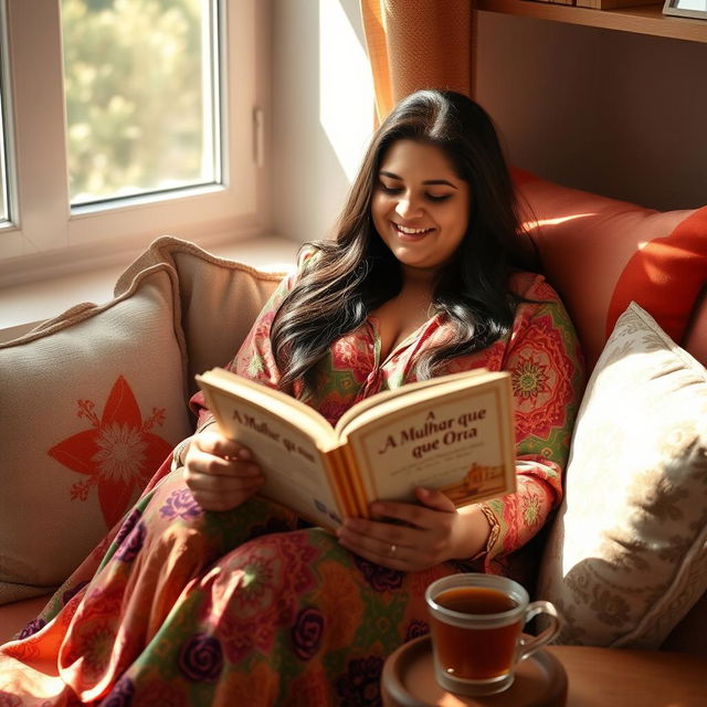 A slightly chubby woman with long hair, sitting comfortably in a cozy reading nook, immersed in a book titled 'A Mulher que Ora'