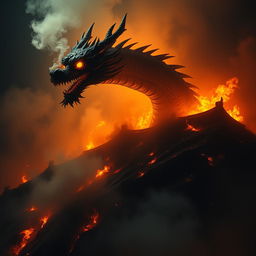 A powerful Chinese dragon emerging from a fiery hill shrouded in darkness during the night